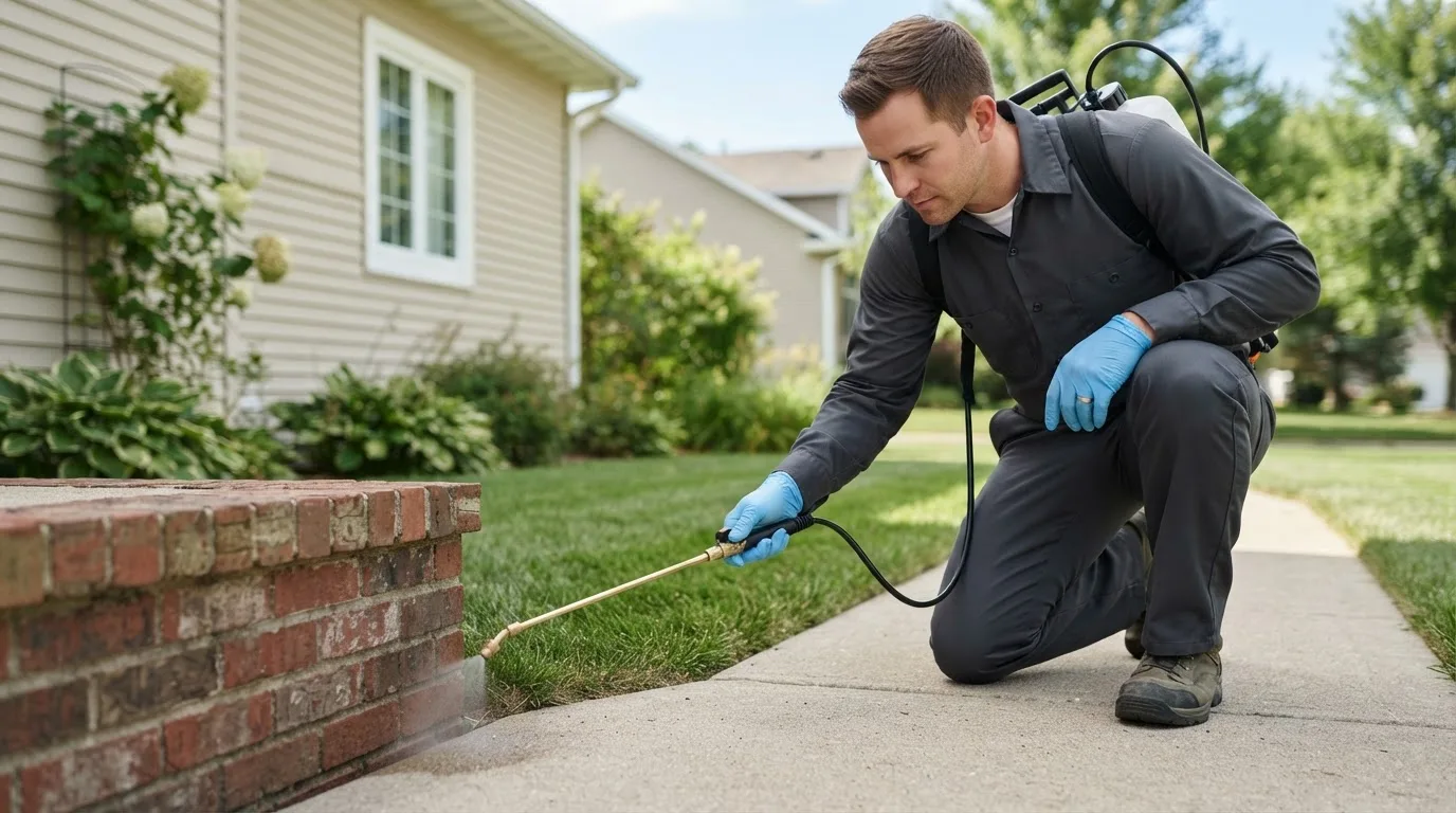 Pest control technician treating a home near Arcadia, NE