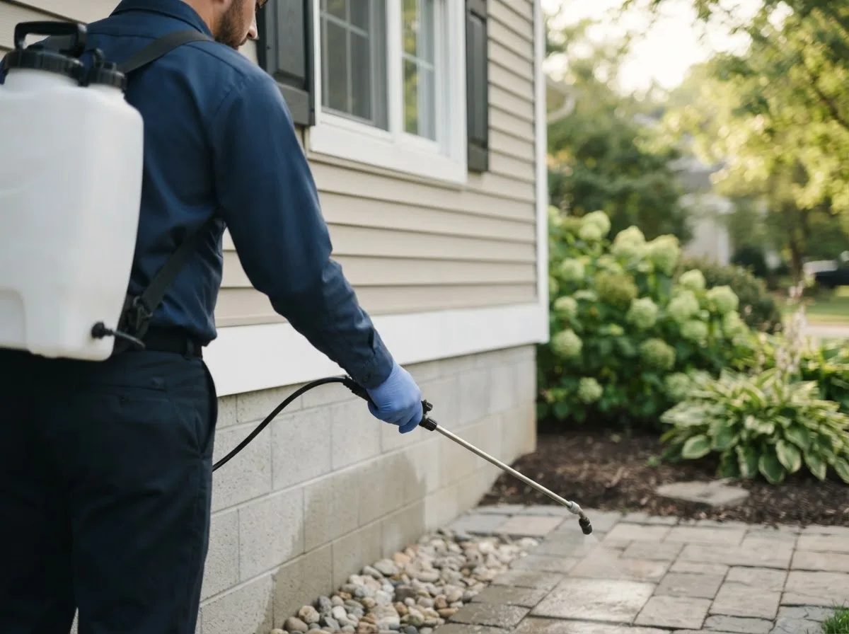 Pest control technician inspecting a home in Arcadia, NE